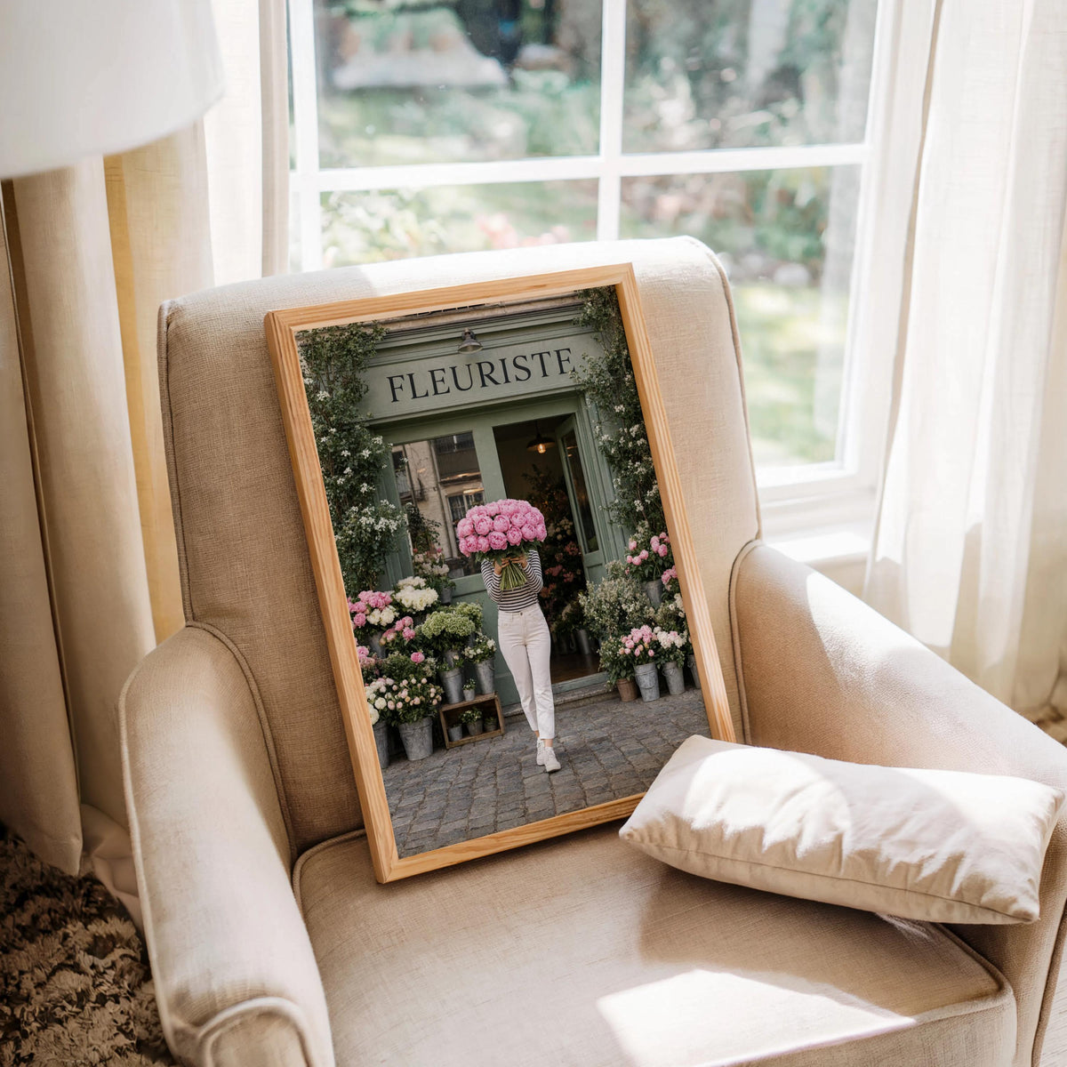 Woman with Pink Peony Bouquet Wall Art, Flower Shop in Paris Print, Floral Feminine Decor, Chic European Street Photography, French Market