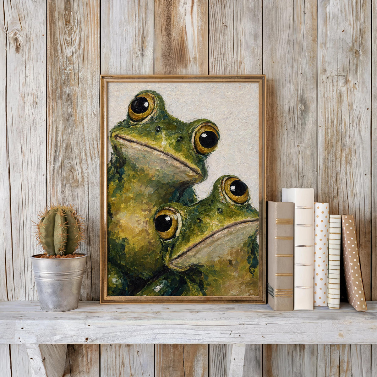 Frog wall decor framed on rustic wood planks, small cactus and books accent, impasto greens.