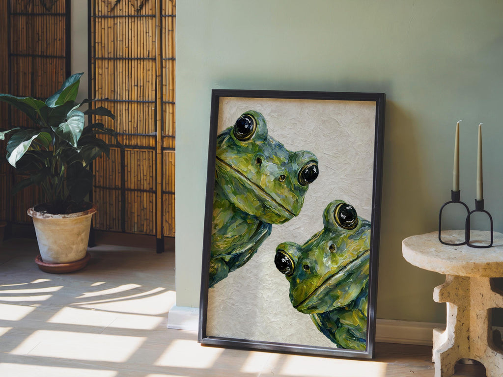 Cute Green Frog Wall Art, Dark Academia Painting, Large Amphibian Canvas, Funny Animal Decor, Unique Nature Gift, Quirky Witchy Goth Print
