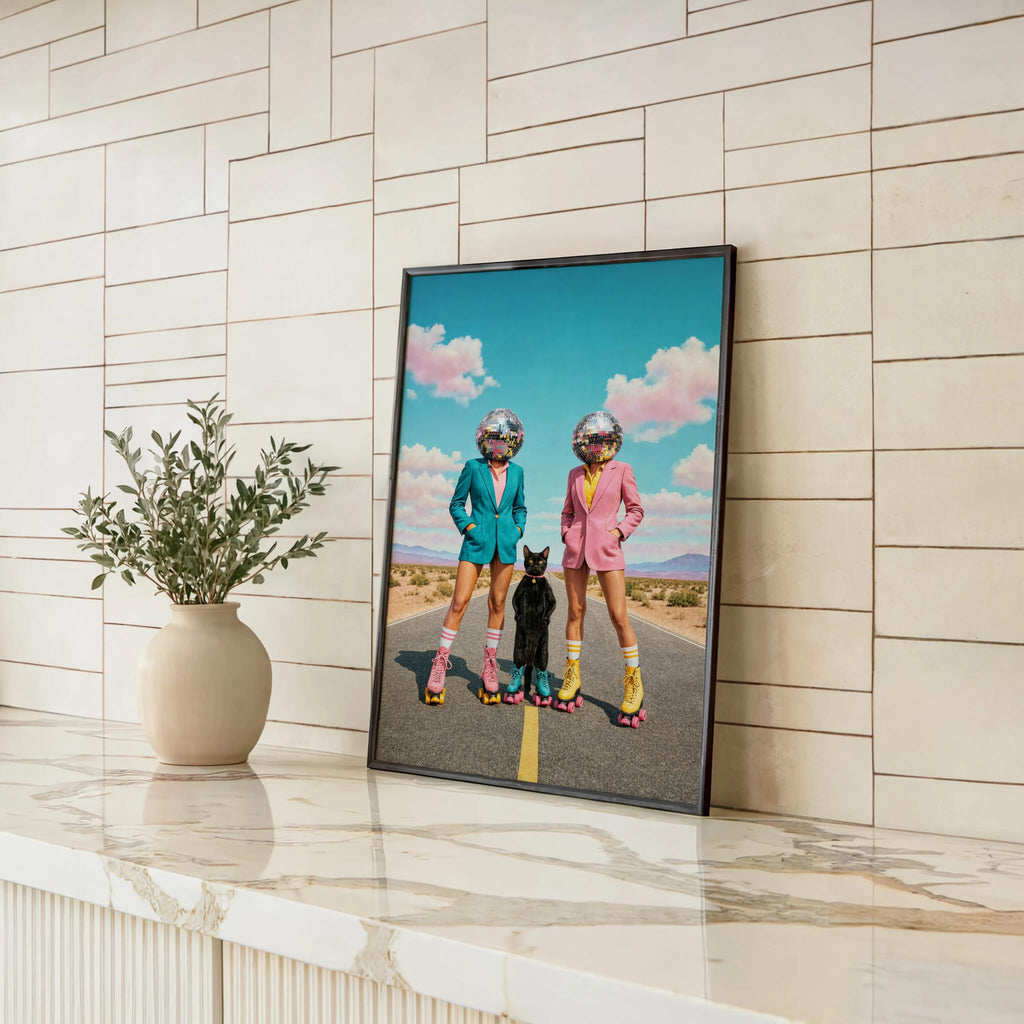 Disco Ball Head Wall Art, Retro Surreal Western Cat Print, Quirky Roller Skate Poster, Maximalist Pink Teal Decor, Funky 70s Portrait