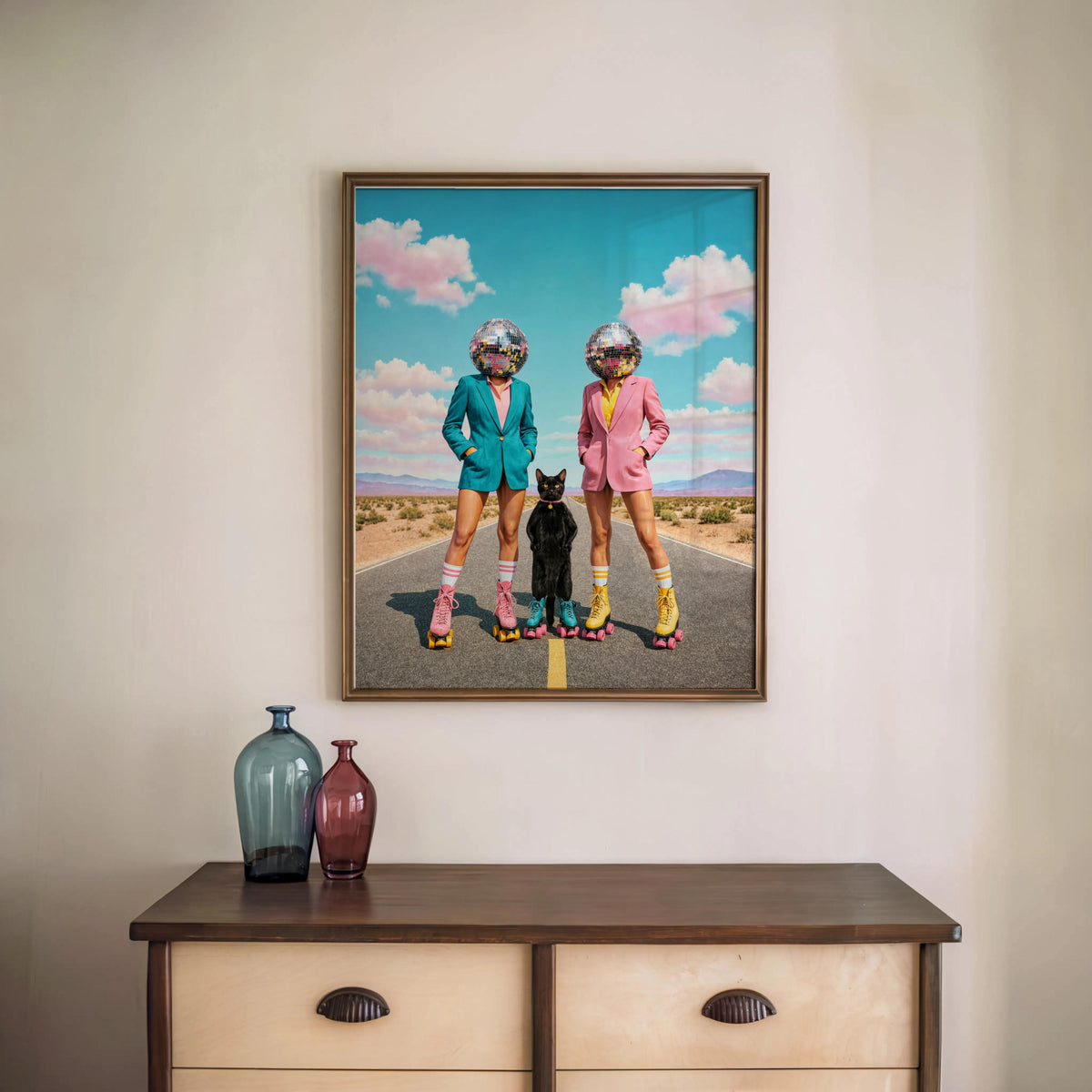 Disco Ball Head Wall Art, Retro Surreal Western Cat Print, Quirky Roller Skate Poster, Maximalist Pink Teal Decor, Funky 70s Portrait