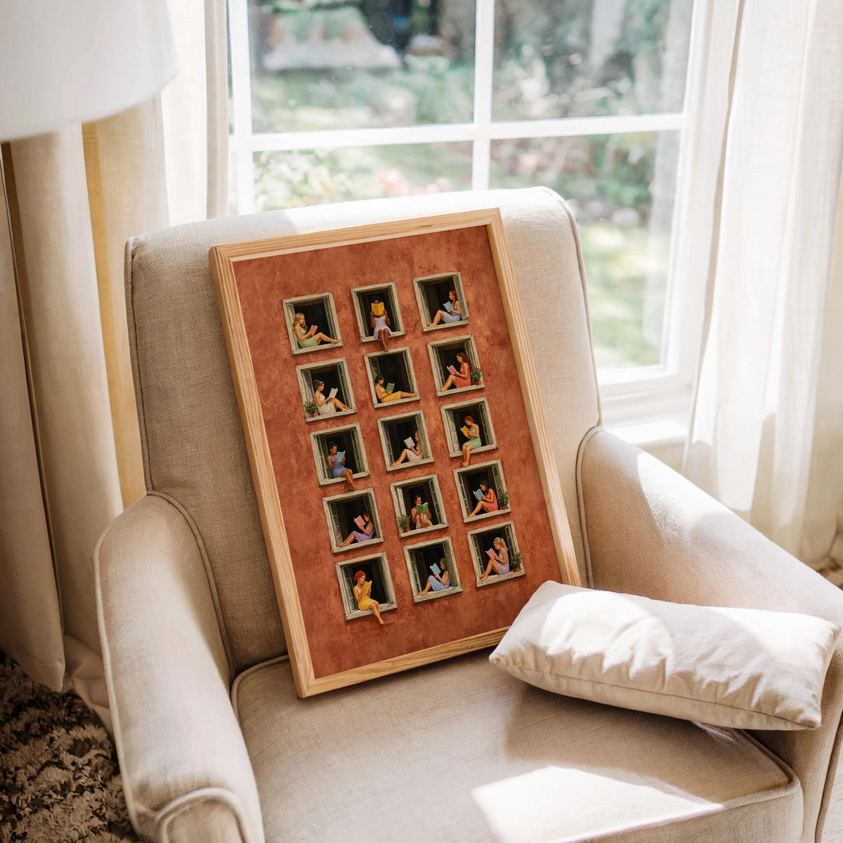 Women Reading Books in Windows Art Print, Terracotta Building Wall Decor, Cozy Reader Gift, Surreal Architecture Poster, Book Lover Decor