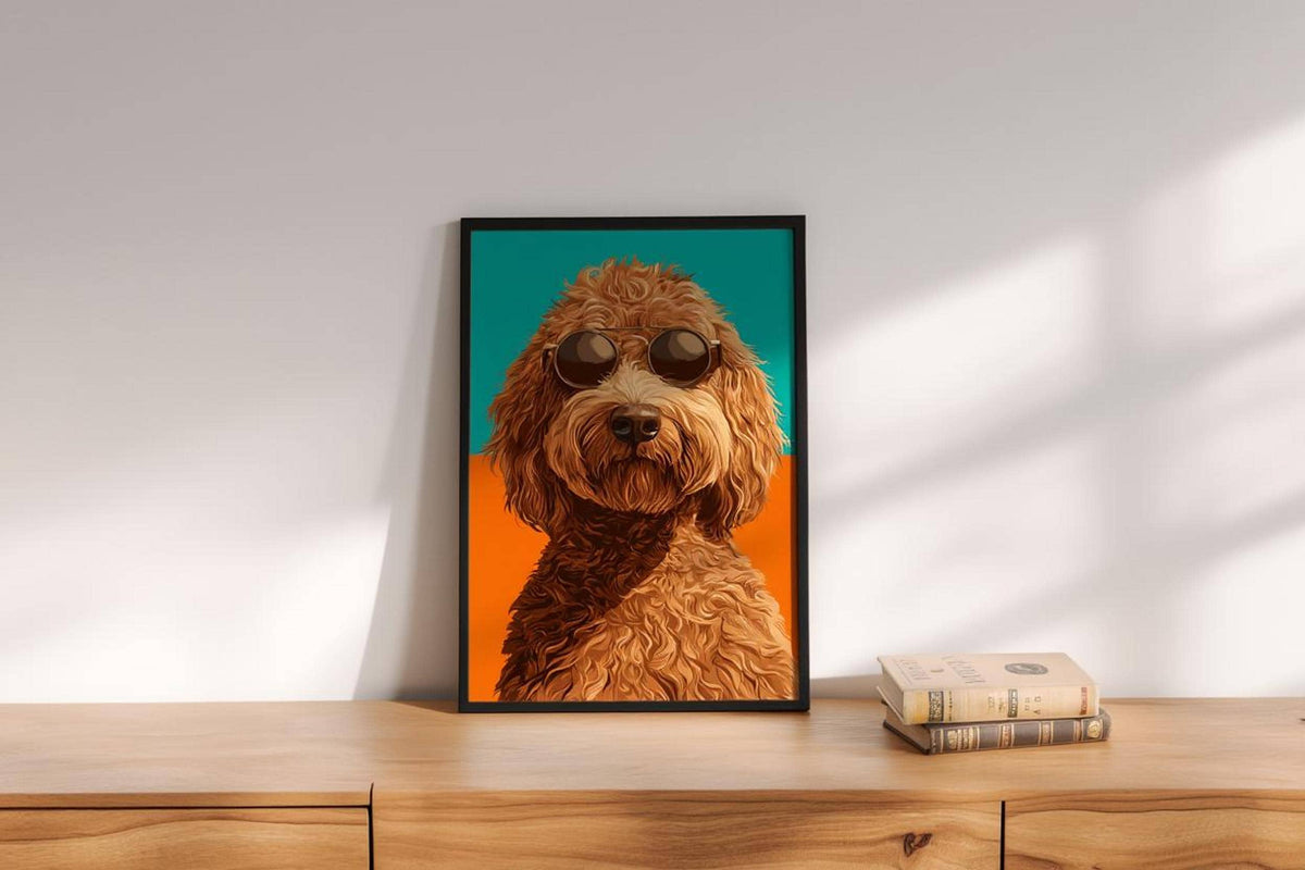 Small labradoodle dog print leaning on a wooden shelf, warm light emphasizes the graphic pop color palette.