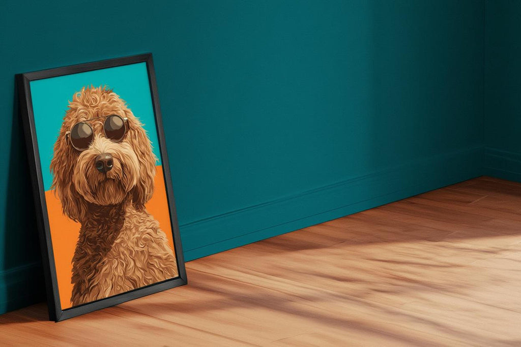 Angled labradoodle wall art resting against a teal corner, playful dogs in sunglasses art with vivid orange.