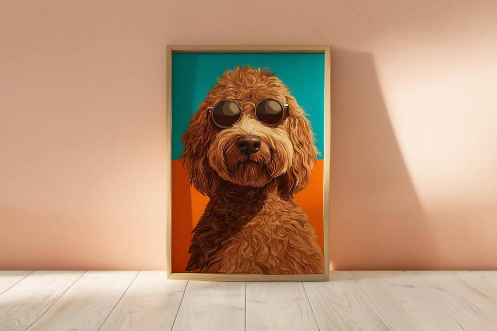 Leaning poster against a soft peach wall, doodle dog wall decor with textured brown fur and split background.