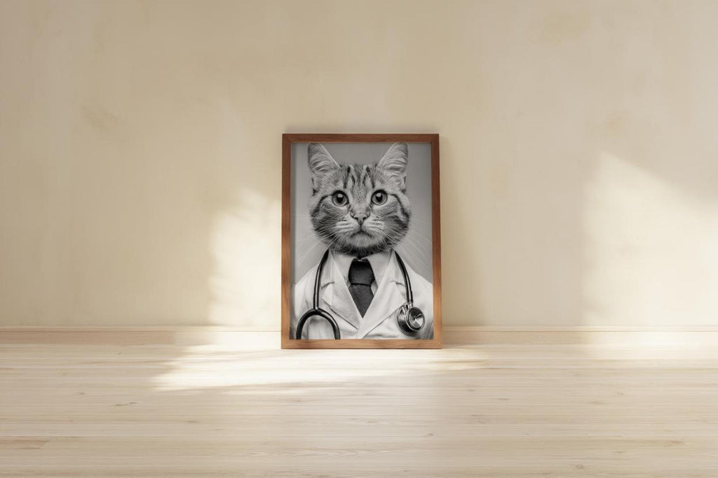 Framed black and white cat doctor print leaning on hardwood floor, funny veterinarian office wall art with stethoscope detail