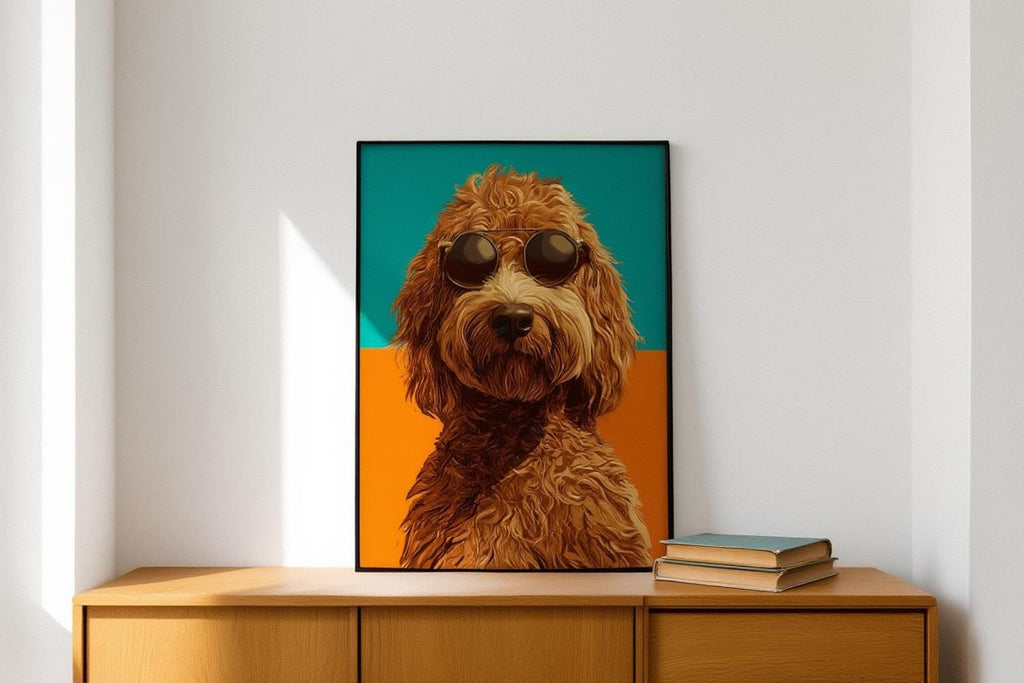 Framed labradoodle dog print on a wooden sideboard, contemporary pop art feel, warm sunlight across the poster.