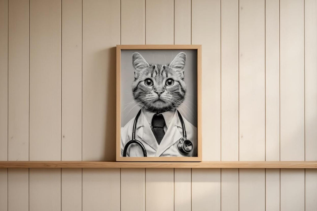 Framed black and white cat doctor print leaning on hardwood floor, funny veterinarian office wall art with stethoscope detail