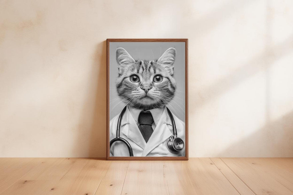 Framed black and white cat doctor print leaning on hardwood floor, funny veterinarian office wall art with stethoscope detail