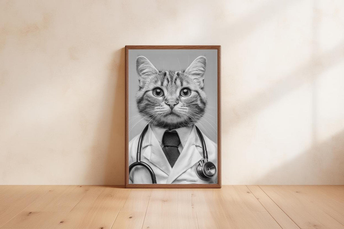 Framed black and white cat doctor print leaning on hardwood floor, funny veterinarian office wall art with stethoscope detail
