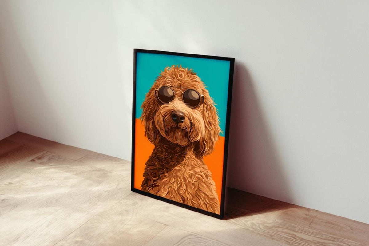 Black-framed doodle dog wall decor leaning on the floor, crisp sunlight and clean white wall highlight the design.