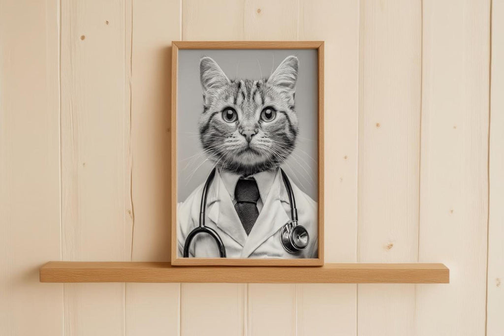 Framed black and white cat doctor print leaning on hardwood floor, funny veterinarian office wall art with stethoscope detail