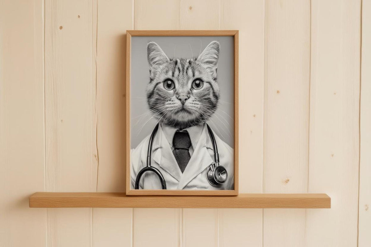 Framed black and white cat doctor print leaning on hardwood floor, funny veterinarian office wall art with stethoscope detail