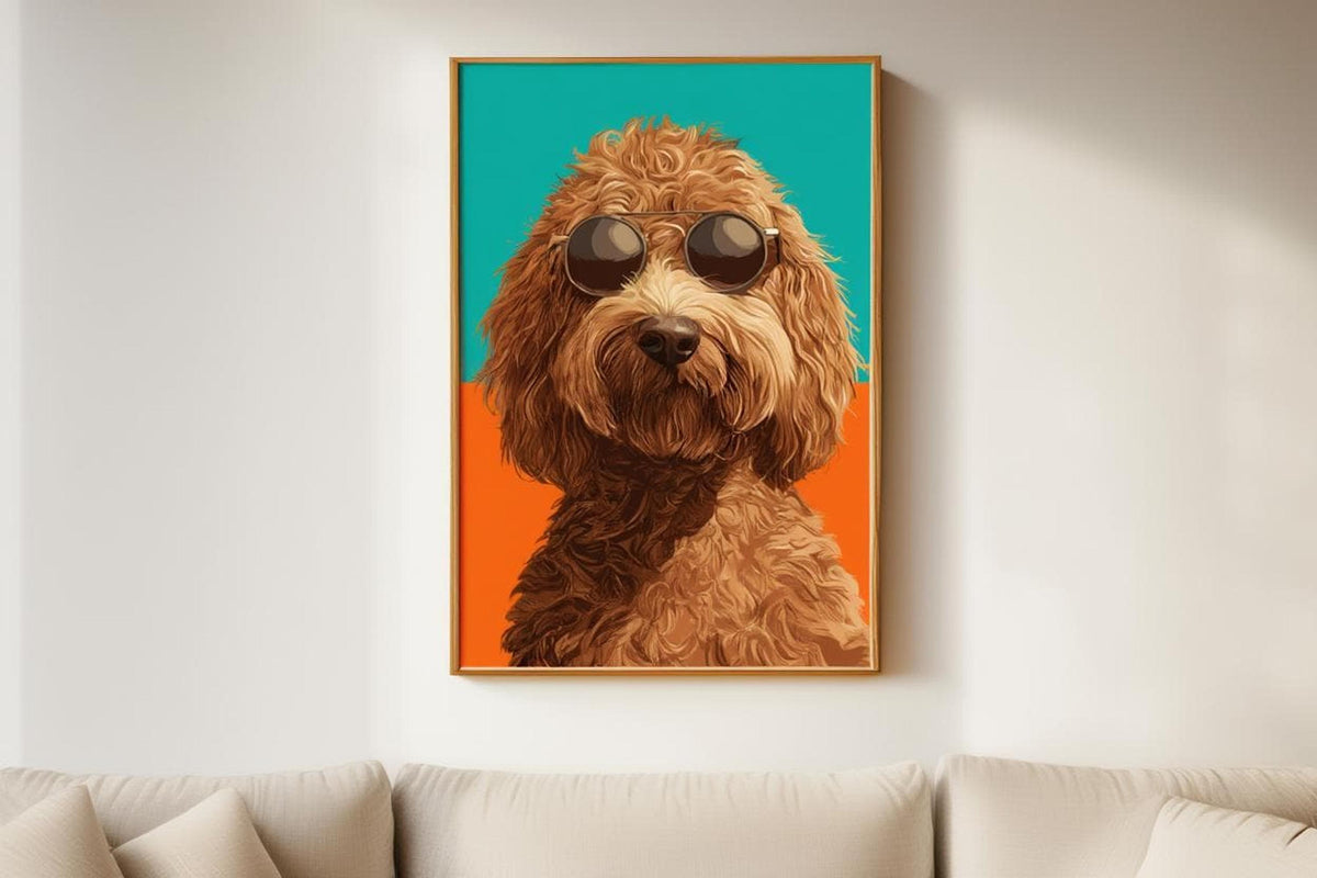 Centered labradoodle wall art hung on a white wall, vibrant teal and orange split background, cheeky sunglasses look.