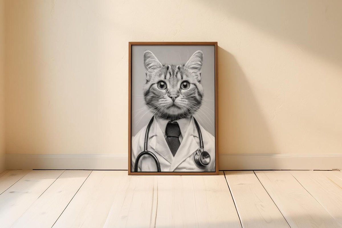 Framed black and white cat doctor print leaning on hardwood floor, funny veterinarian office wall art with stethoscope detail
