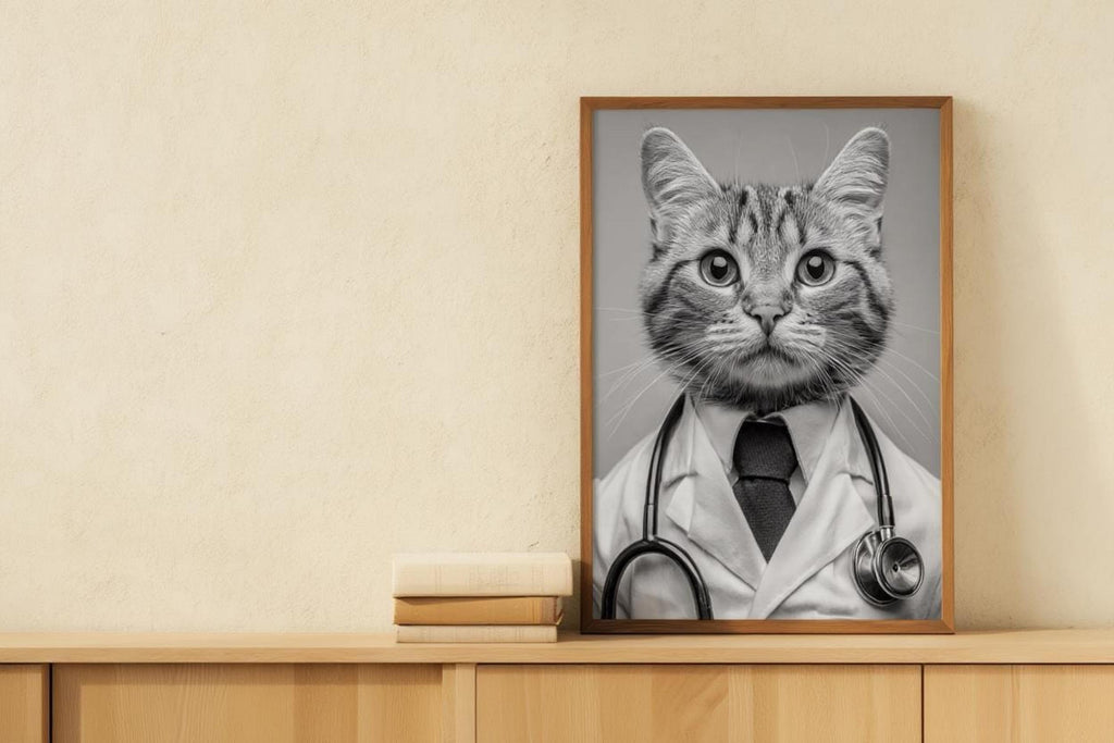 Framed black and white cat doctor print leaning on hardwood floor, funny veterinarian office wall art with stethoscope detail