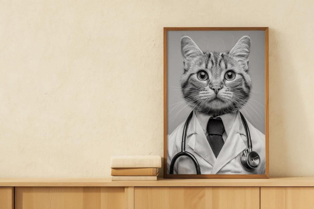 Framed black and white cat doctor print leaning on hardwood floor, funny veterinarian office wall art with stethoscope detail