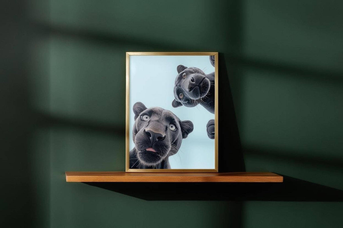 Minimal black panther nursery wall art on floating shelf, deep green backdrop, playful peeking cats