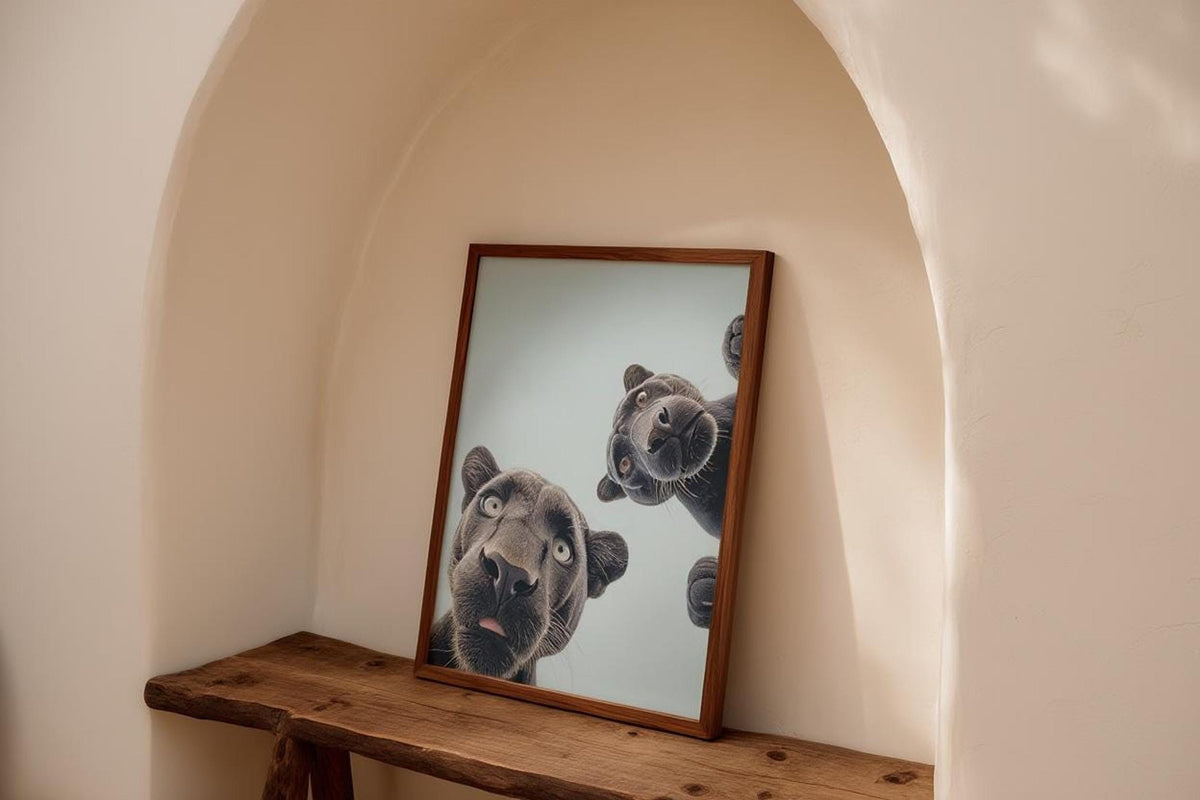 Wood-framed black panther nursery wall art tucked in arched niche, rustic shelf, friendly faces