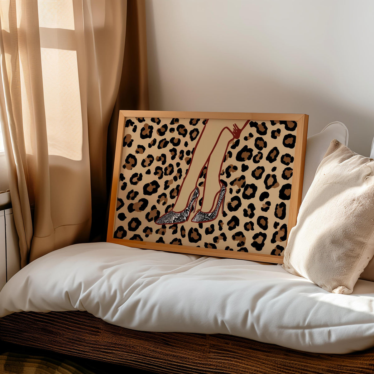 Unframed leopard print high heel wall art tucked in a cozy window nook, warm neutral styling