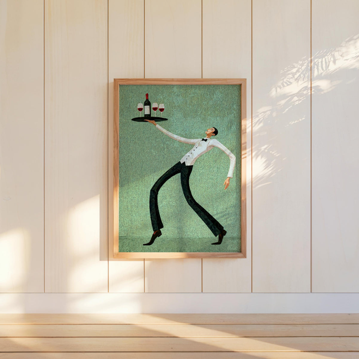 Sage green wine waiter art print leaning, mid century modern wall art vibe with textured backdrop and playful serving pose