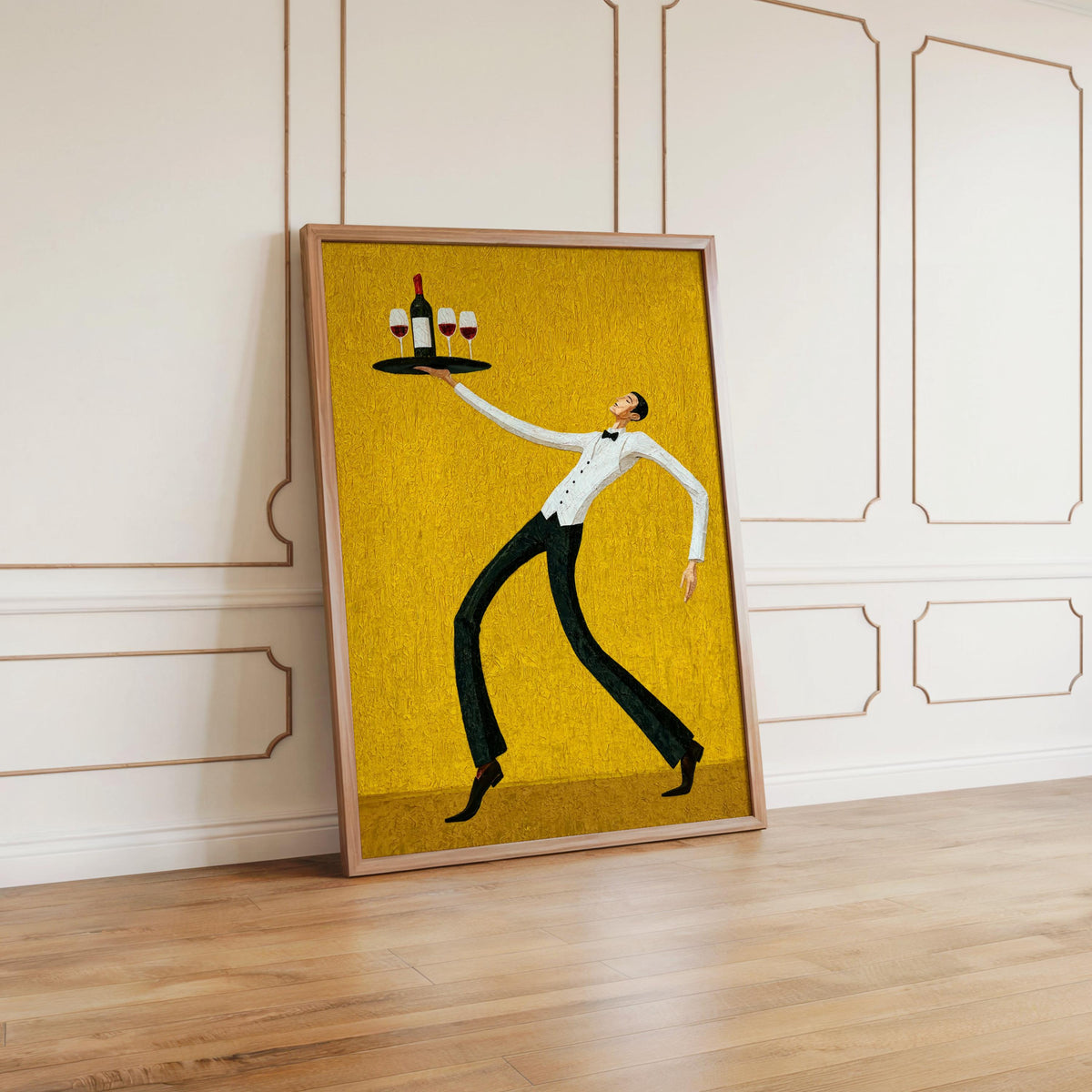 Mustard wine waiter art print angled on hardwood floor, bold black-and-white server silhouette, ideal as bar cart wall decor