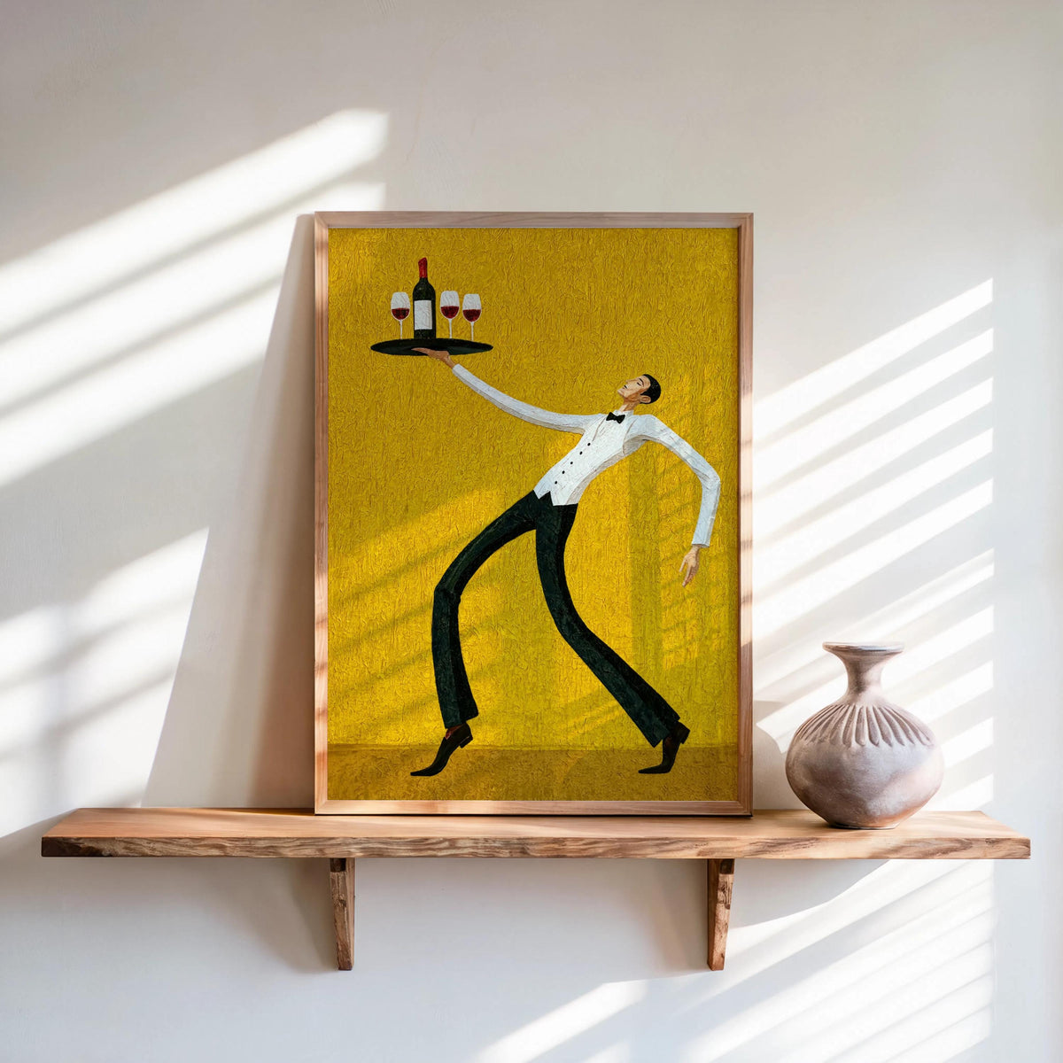 Mustard wine waiter art print framed on shelf, playful black-and-white server against rich texture, mid century modern wall art