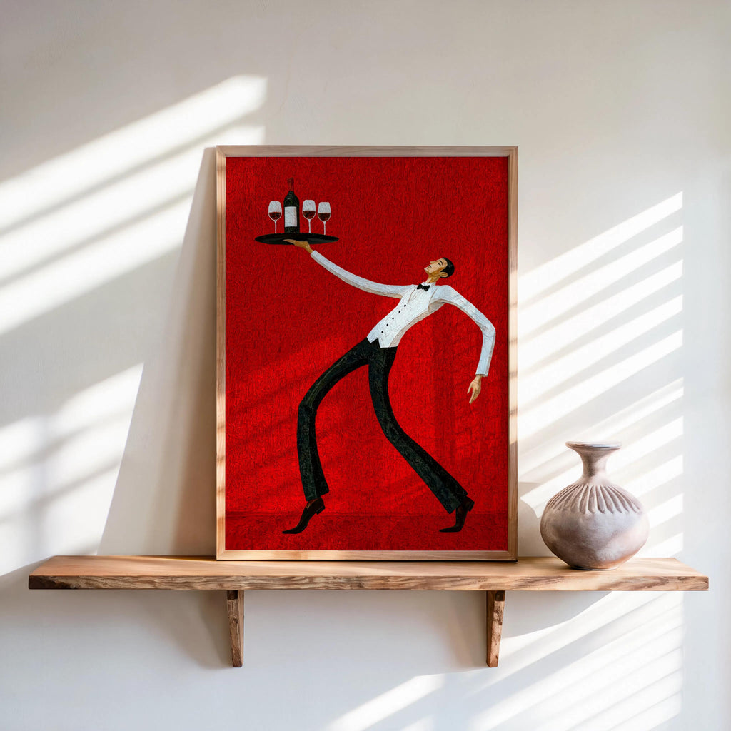 Red background wine waiter art print propped on a floating wood shelf, bold retro bistro lines, colorful dining room decor