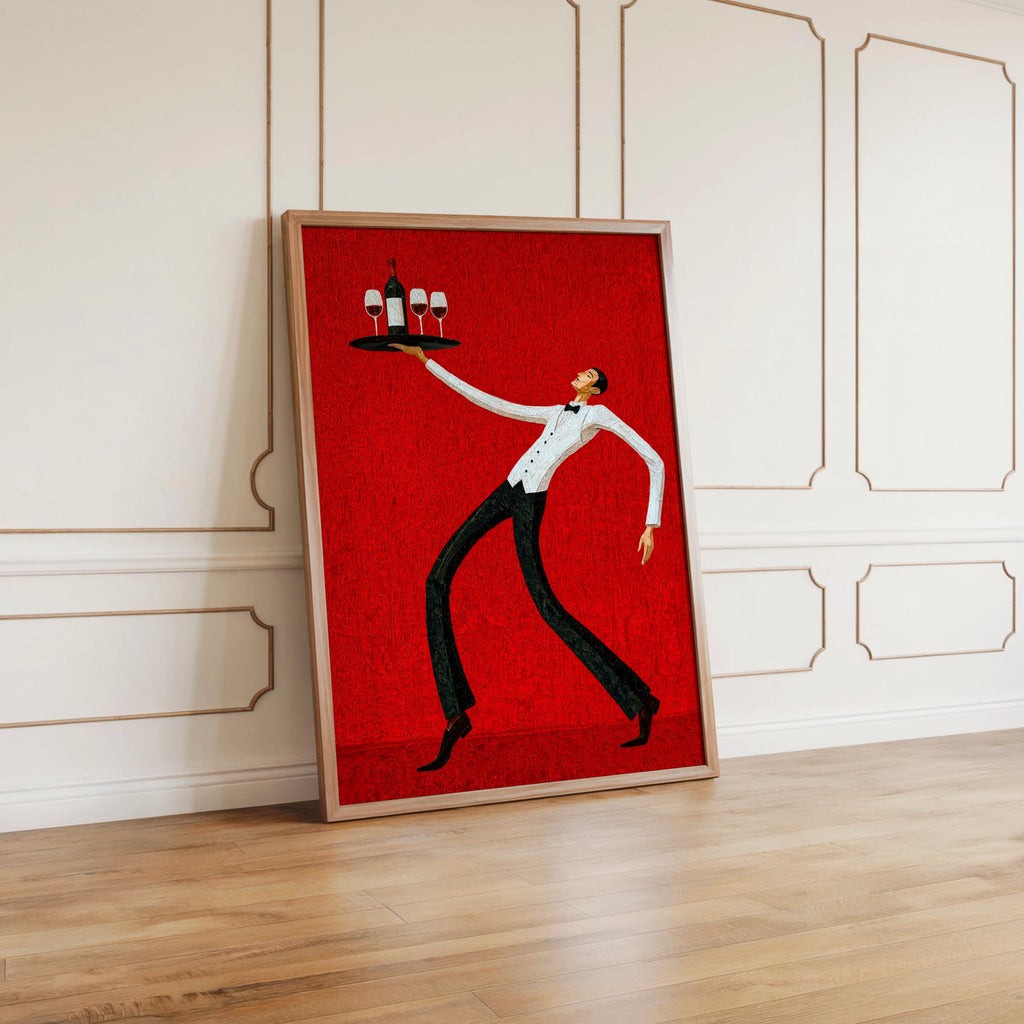 Red wine waiter art print propped against white wall, retro bistro aesthetic and lively lines for restaurant wall decor or home bar