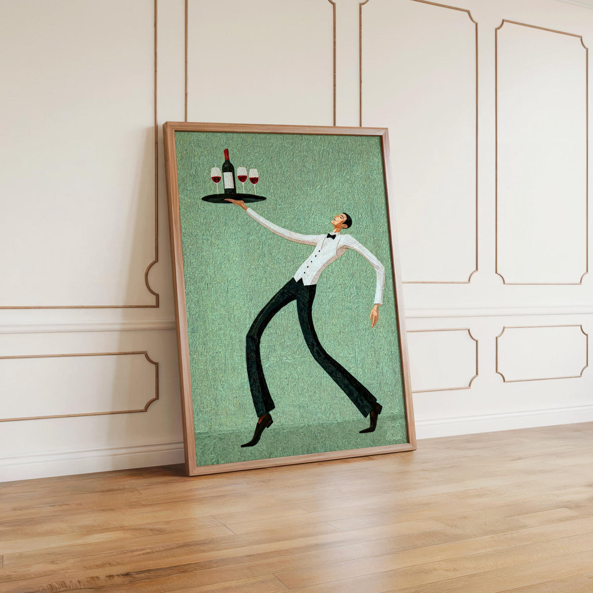 Seafoam green wine waiter art print angled on hardwood floor, charming bistro art print perfect for colorful dining room decor