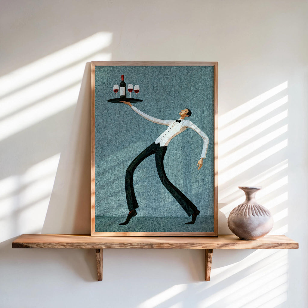 Teal wine waiter art print on shelf, stylized dancing server and tray with glasses, whimsical waiter poster for home bar print
