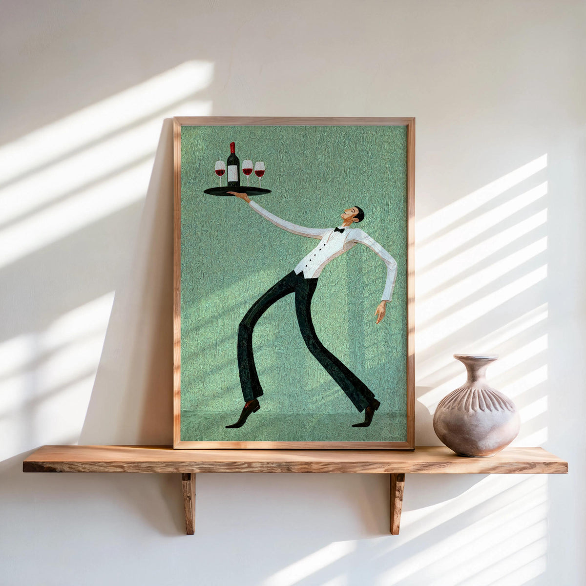 Framed wine waiter art print, mint textured background leaning on wooden shelf beside a small ceramic vase, retro kitchen art