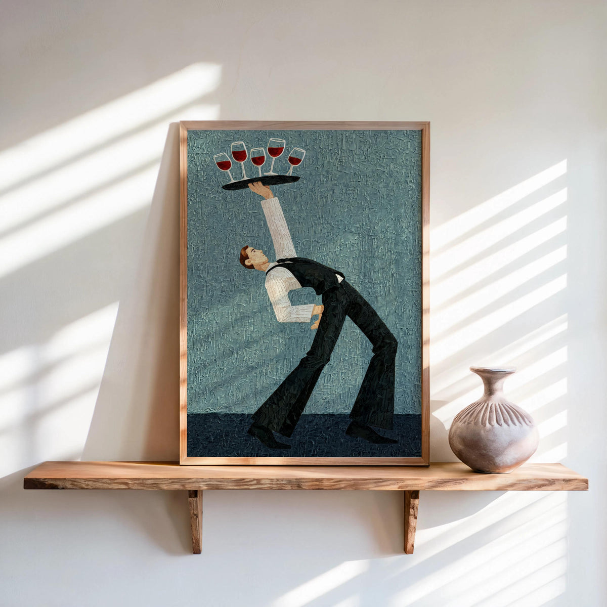 Teal-blue waiter print resting on shelf, playful surreal stacking of red glasses, wine glass wall art
