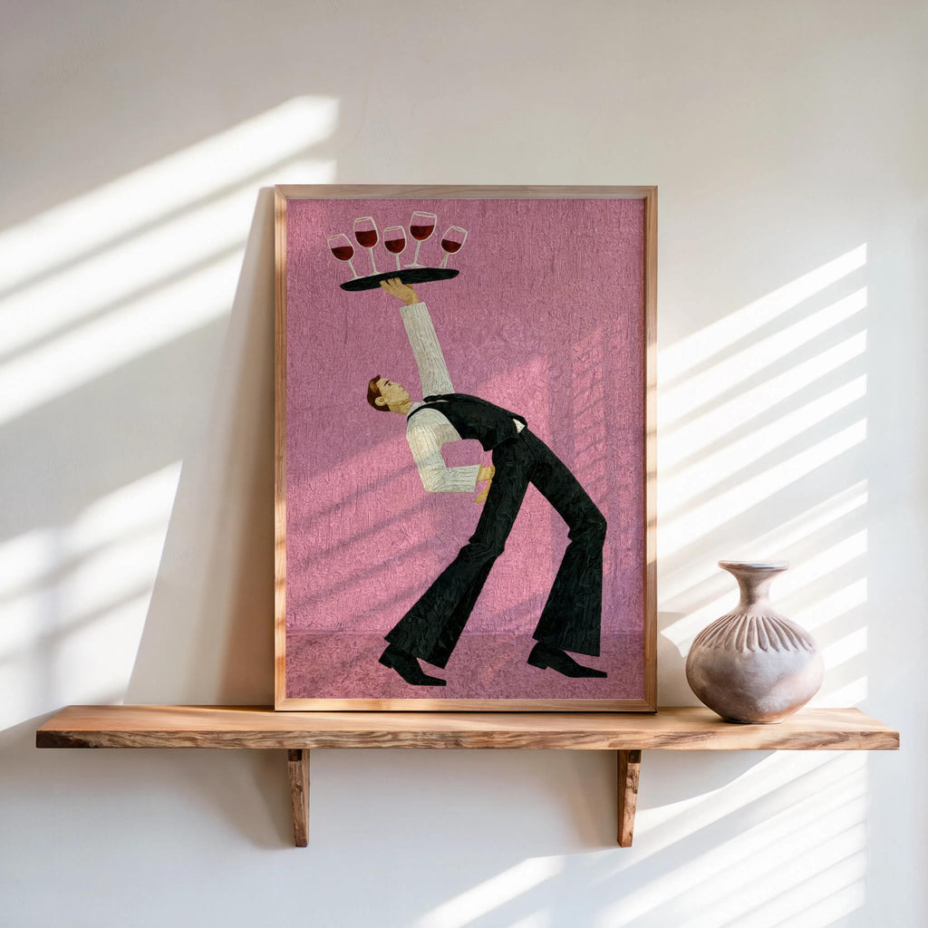Pink surreal wine waiter print leaning on shelf, vintage-modern vibe and textured brushwork, wine glass wall art