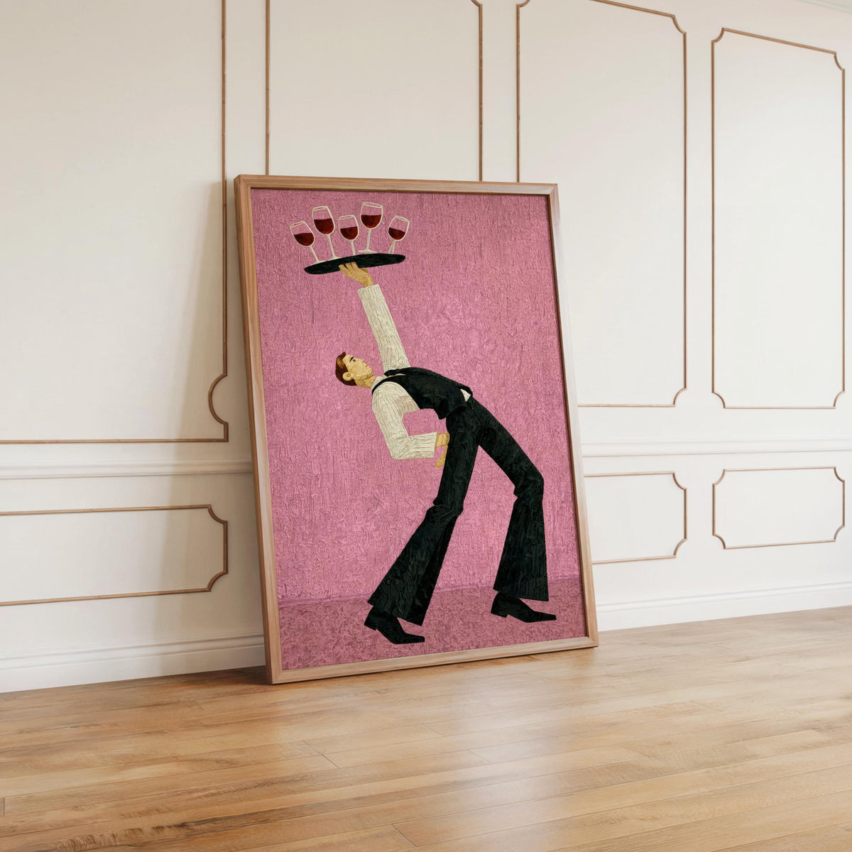 Pink variant poster propped on floor against panelled wall, retro flair and textured surface, wine glass wall art