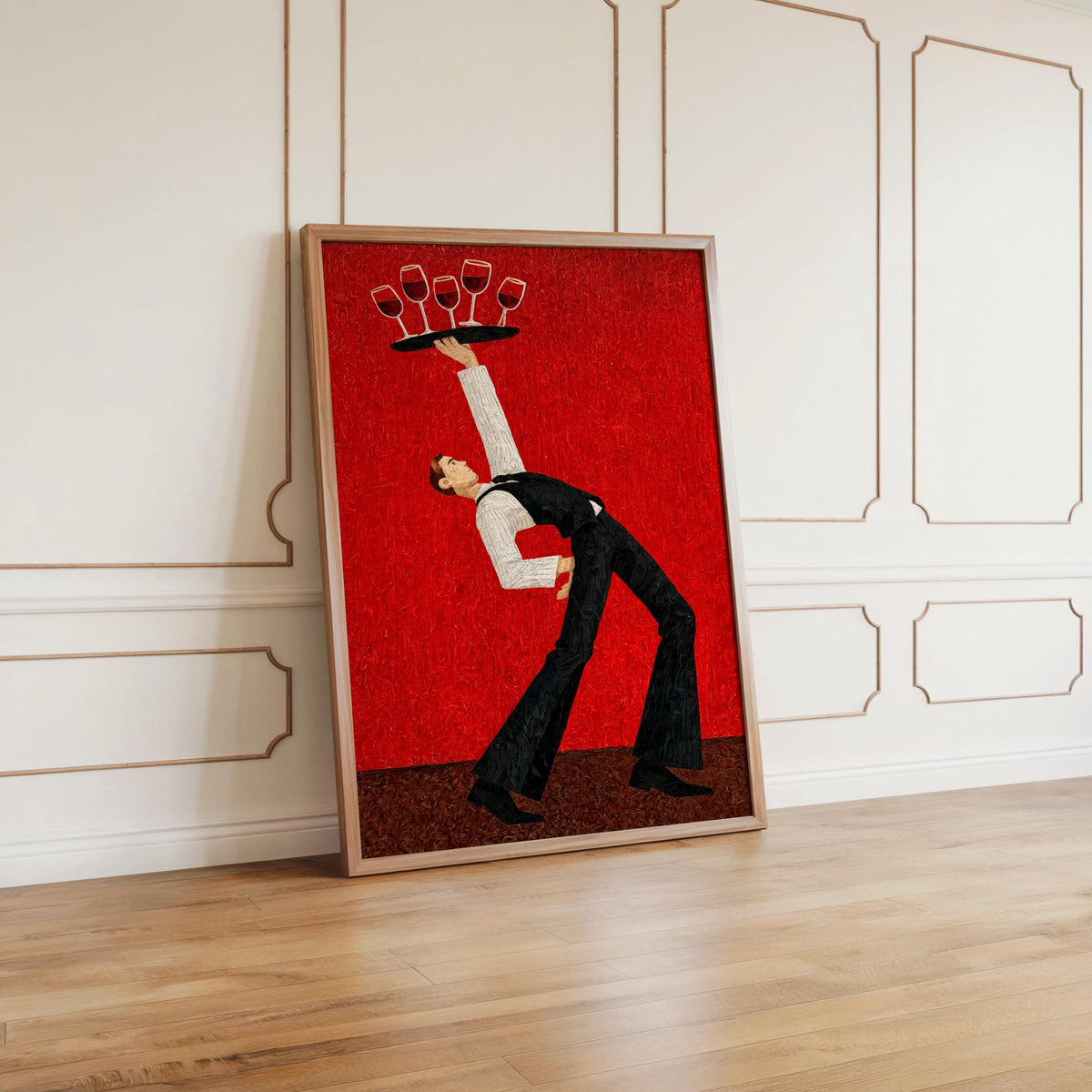Red waiter poster propped on floor, vivid colorway and stacked glasses motif, wine glass wall art for framing