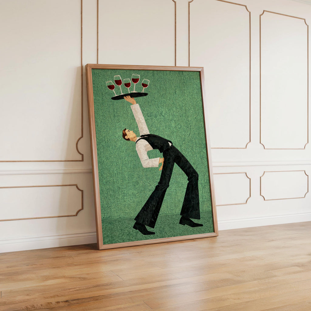 Green colorway poster leaning by skirting board, surreal waiter balancing glasses, wine glass wall art