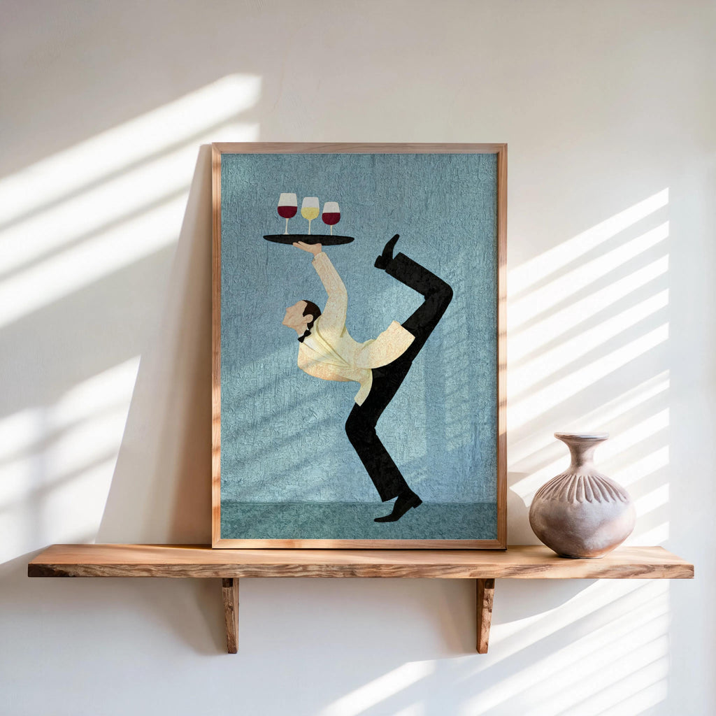 Acrobat Waiter Wall Art, Quirky Wine Glass Poster, Modern Cocktail Kitchen Canvas, Unique Bar Cart Decor, Surrealist Funny Dining Room Gift