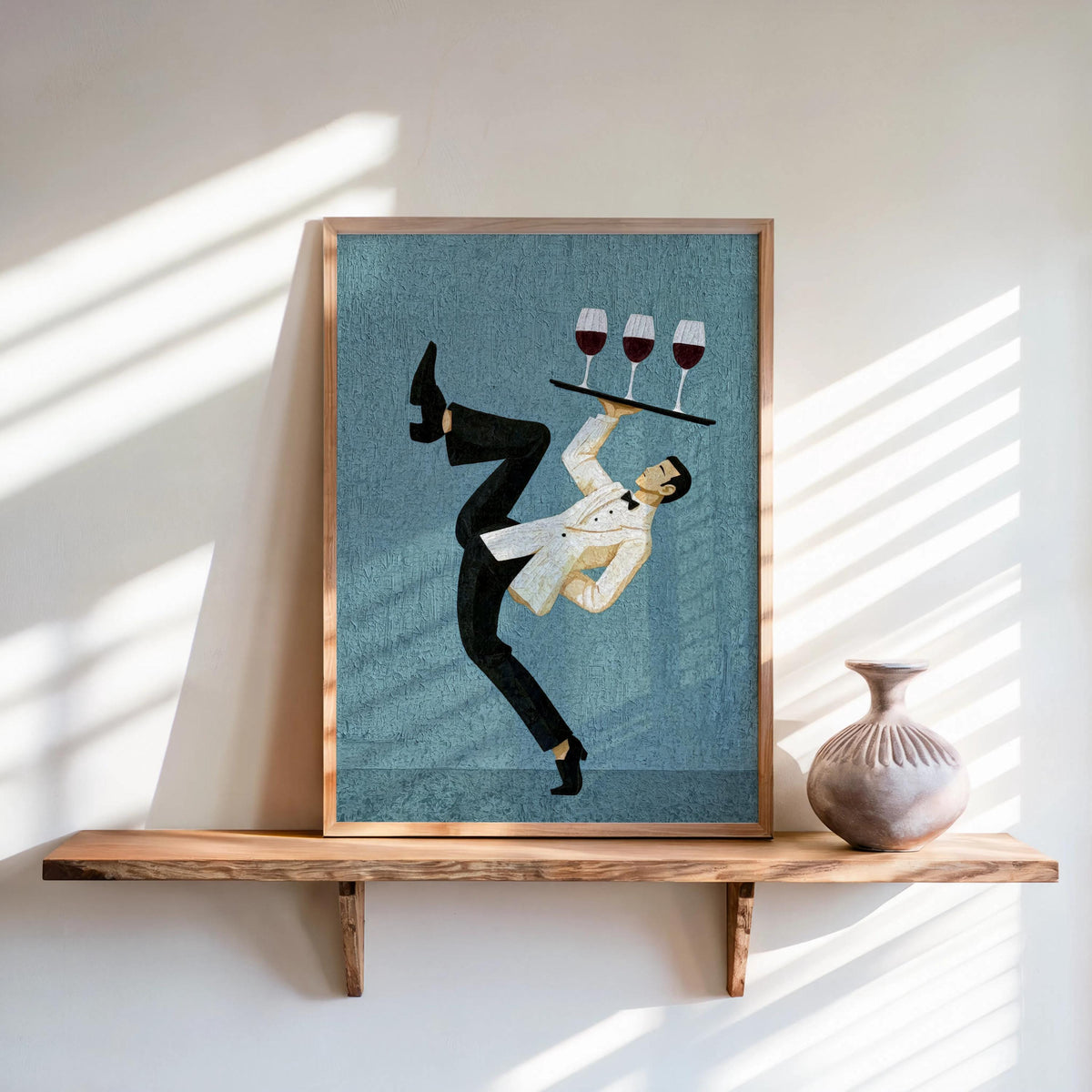 Teal framed print on warm wall, graphic waiter mid-step holding wine glasses, wine bar wall art, whimsical wine decor