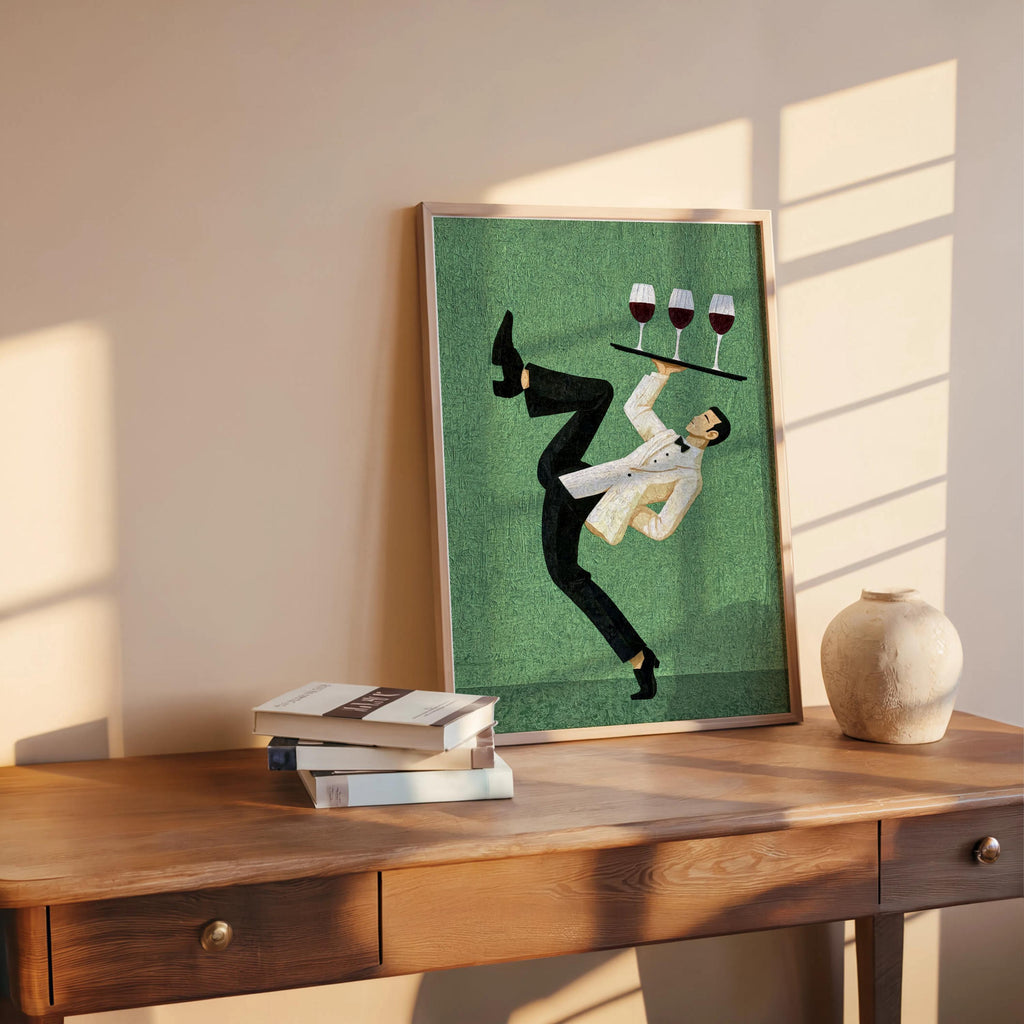 Green textured print on table with small pottery, stylized waiter and stacked glasses, wine bar wall art, waiter wine art print
