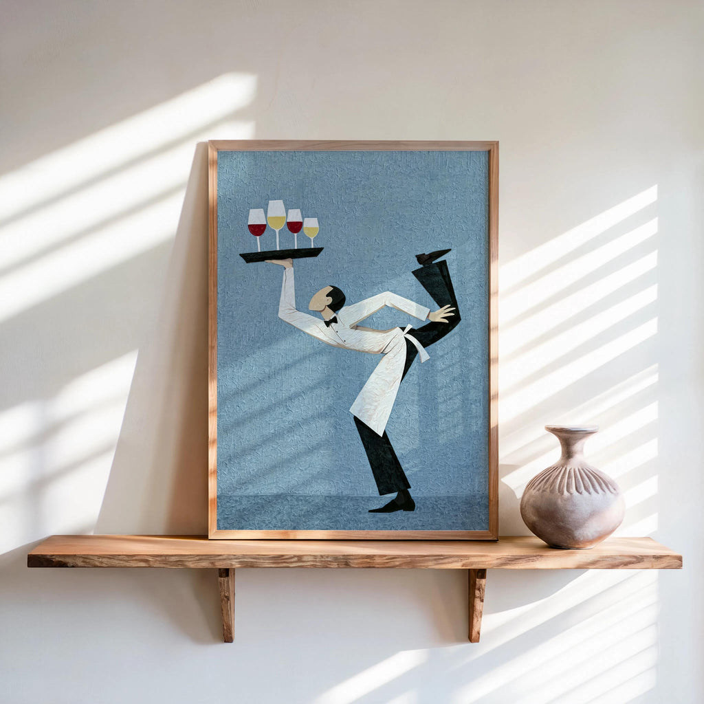 Framed funny waiter wine art print, cool blue textured backdrop, abstract wine poster style with minimalist waiter