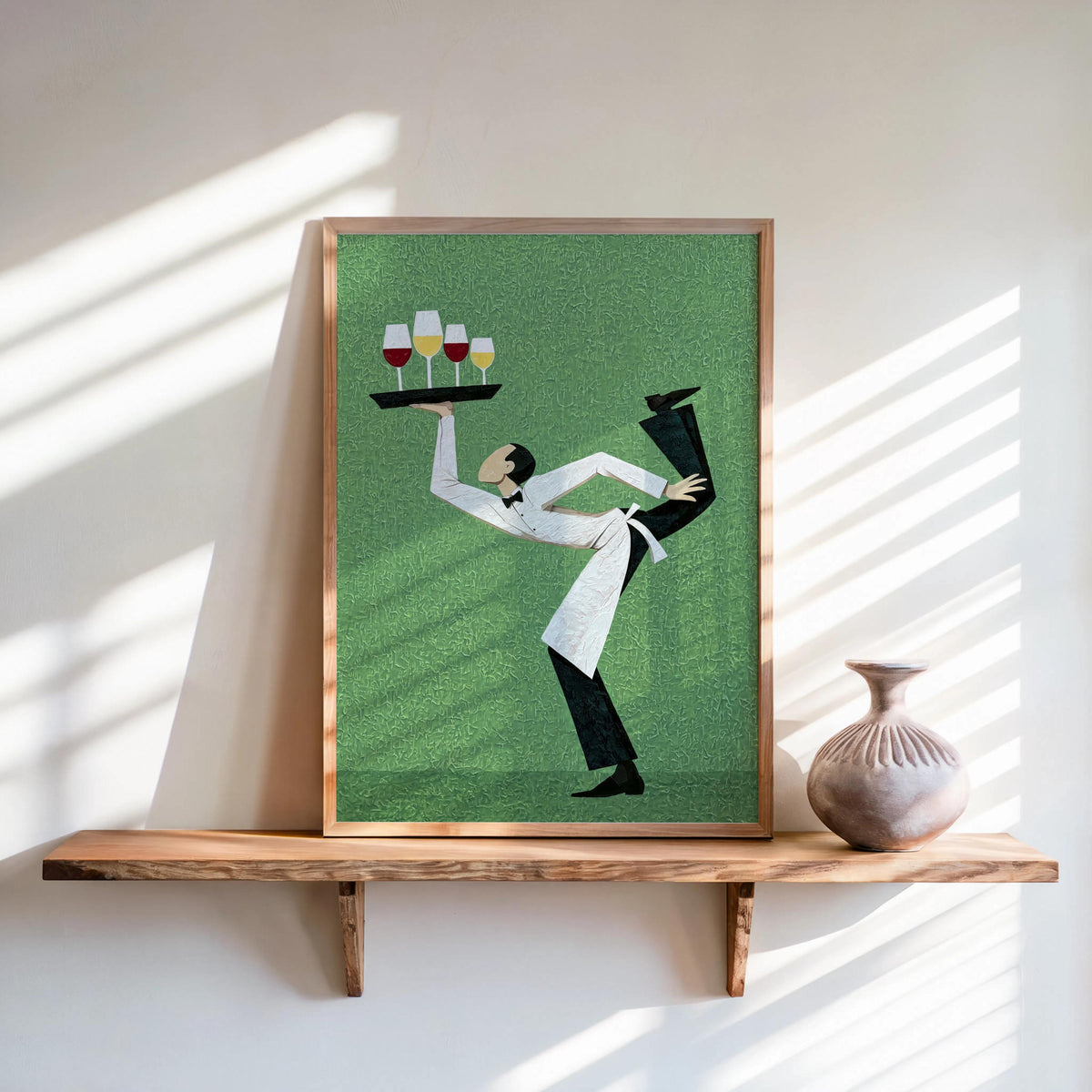 Framed funny waiter wine art print, leafy green textured background, quirky bar cart decor vibe with stacked glasses