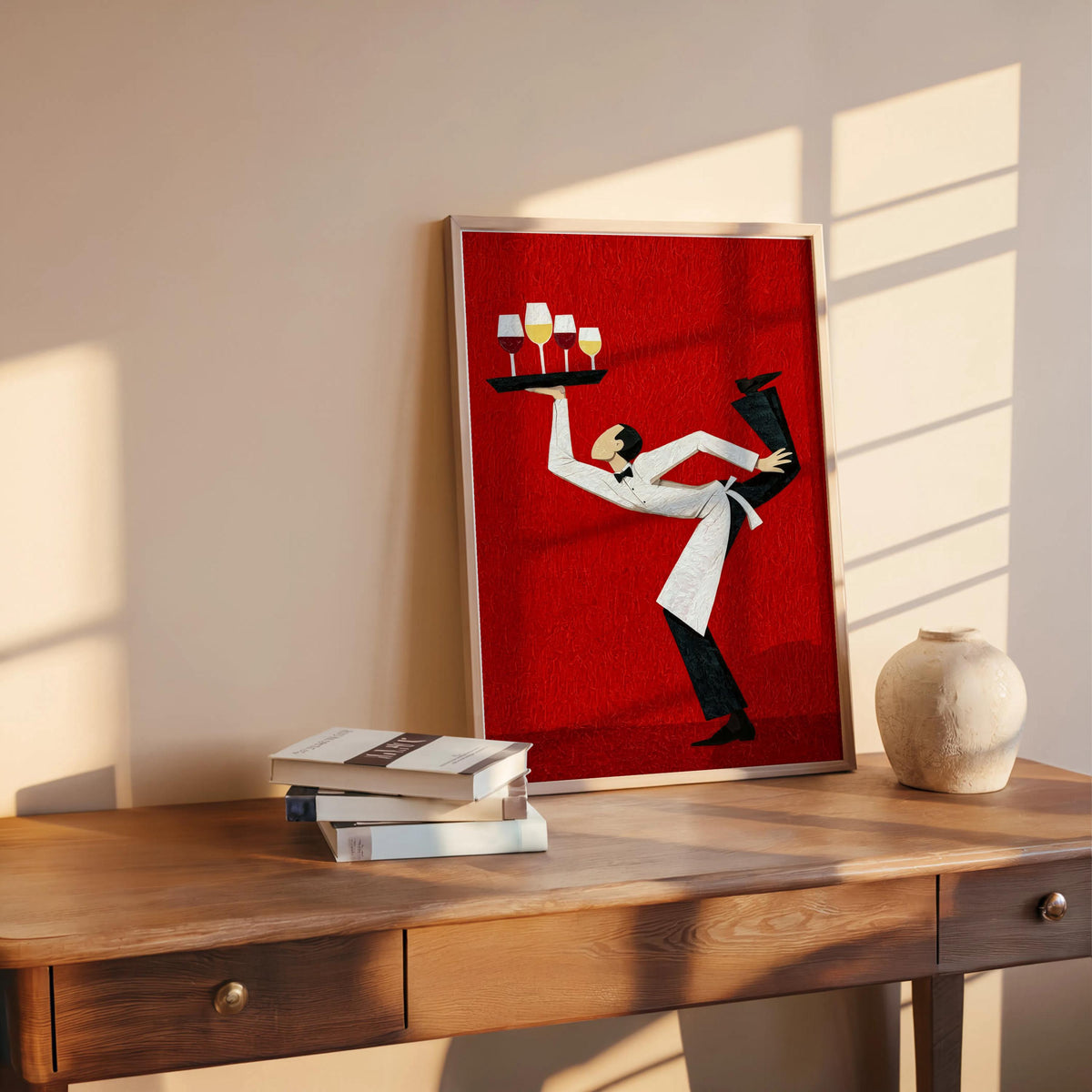 Red funny waiter wine art print on a table, bold contrast and playful pose, cocktail bar wall decor appeal