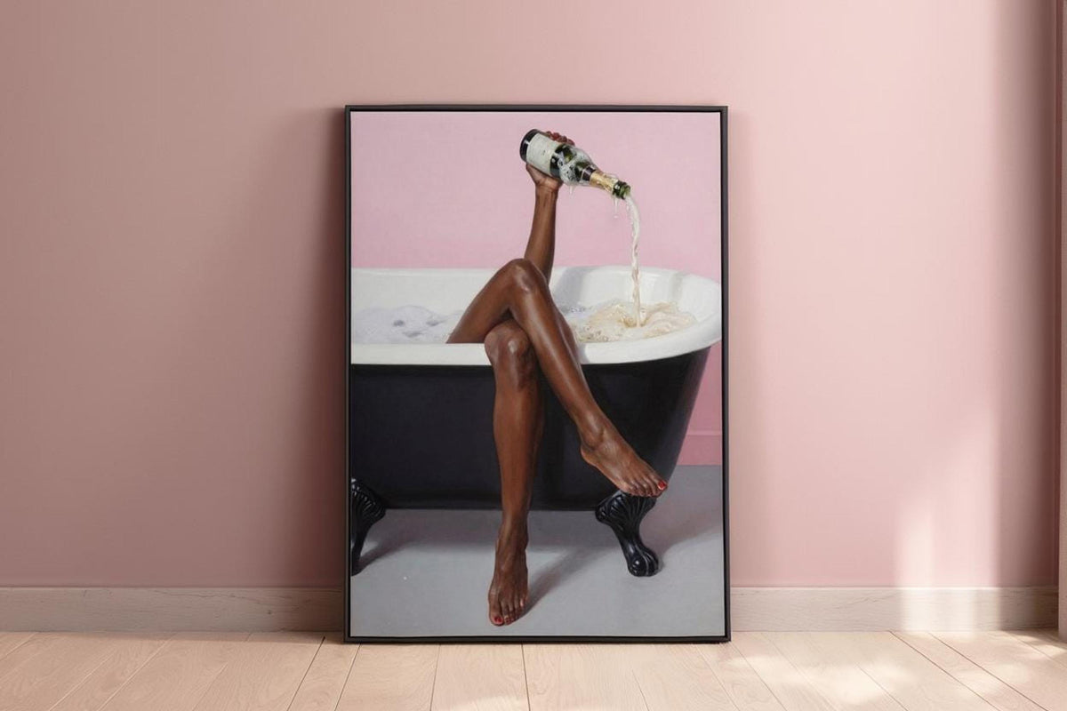 Centered framed print on a soft pink wall and floor, modern spa bathroom decor, black woman bathroom wall art
