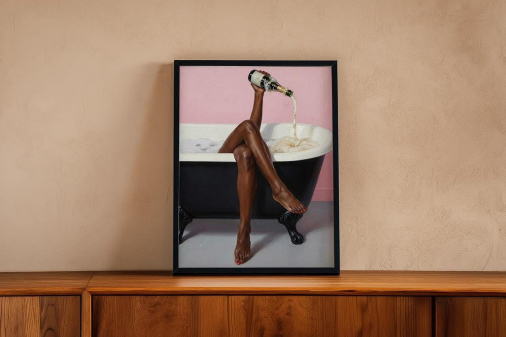 Print on a wooden console with a warm beige wall, afrocentric bathroom decor, black woman bathroom wall art