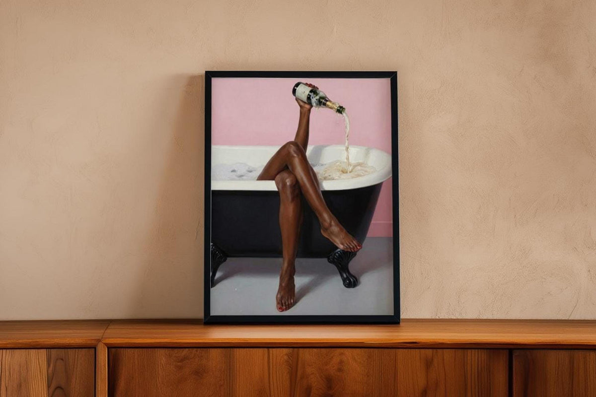 Print on a wooden console with a warm beige wall, afrocentric bathroom decor, black woman bathroom wall art