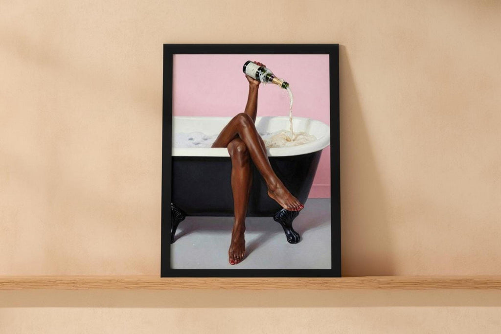 Print on a simple floating shelf with neutral backdrop, champagne bathroom wall art mood, black woman bathroom wall art