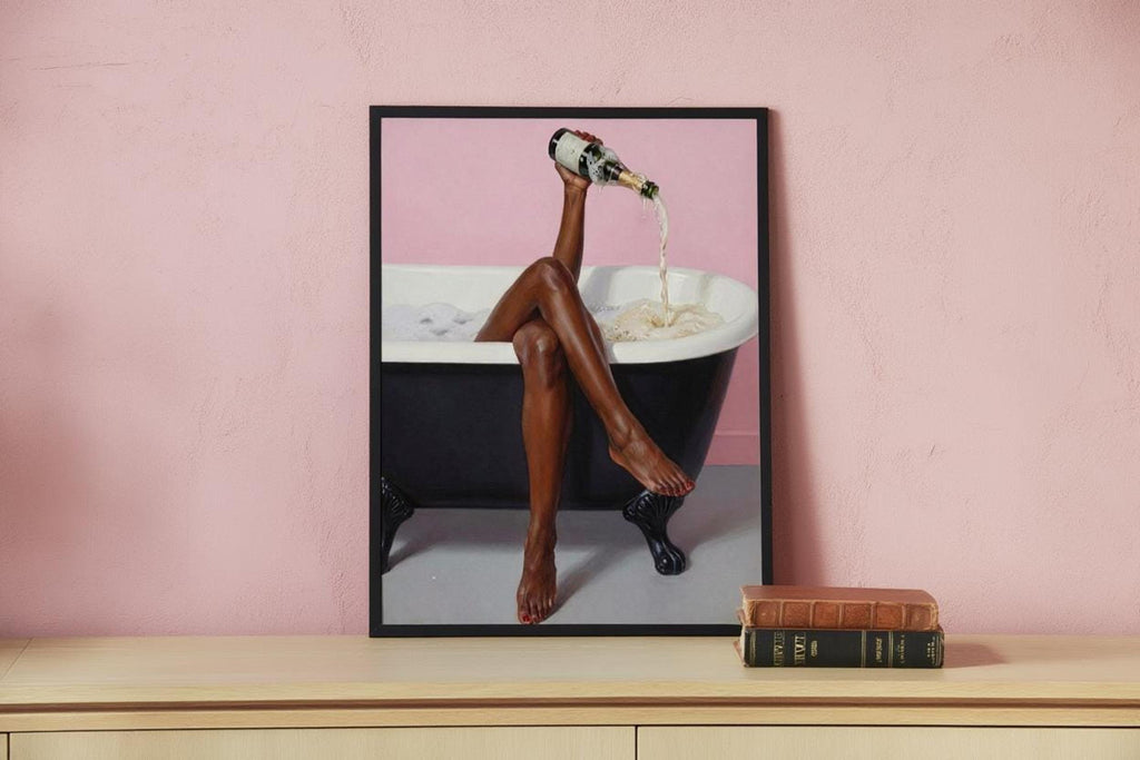 Print on a shelf beside a small book, funny champagne wall art touch, black woman bathroom wall art, playful spa tone