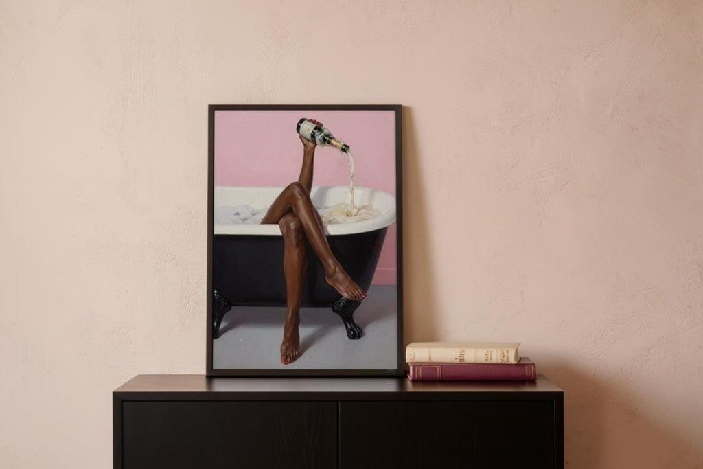 Small framed print on a dark cabinet against a blush wall, digital download bathroom print mockup, black woman bathroom wall art