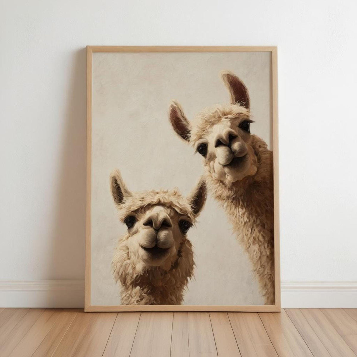 Large wooden frame leaning on floor, two playful llamas on creamy textured beige, llama nursery wall art digital download